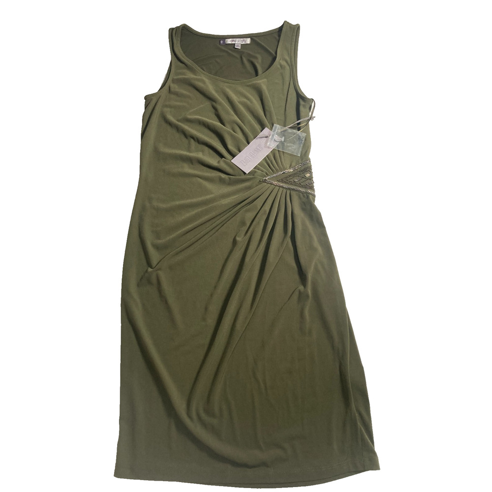 NWT JLO Jennifer Lopez Embellished Shift Dress idark olive ruched waist bead XS